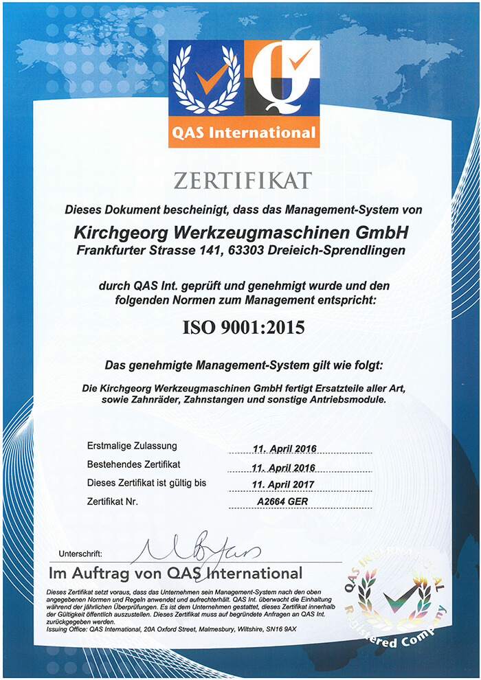 Kirchgeorg Werkzeugmaschinen GmbH - Qualitätsmanagementsystem Zertifikat ISO 9000:2015